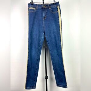 Soft Surroundings Blue Dark Wash Faux Leather Tuxedo‎ Side Stripe Skinny Jeans